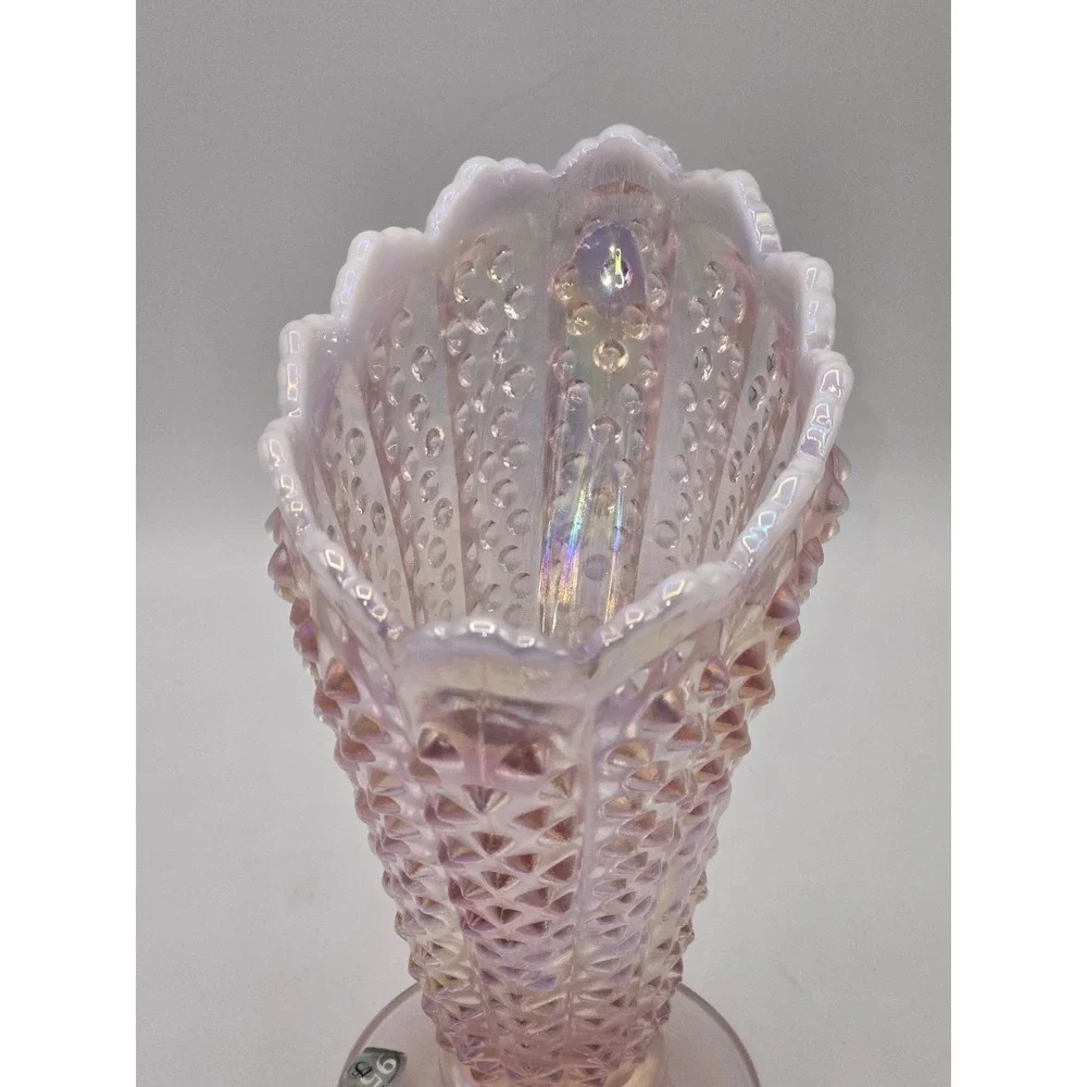 Fenton Glass 95th Anniversary Iridized Pink Opalescent Hobnail Fan‎ Vase 8
